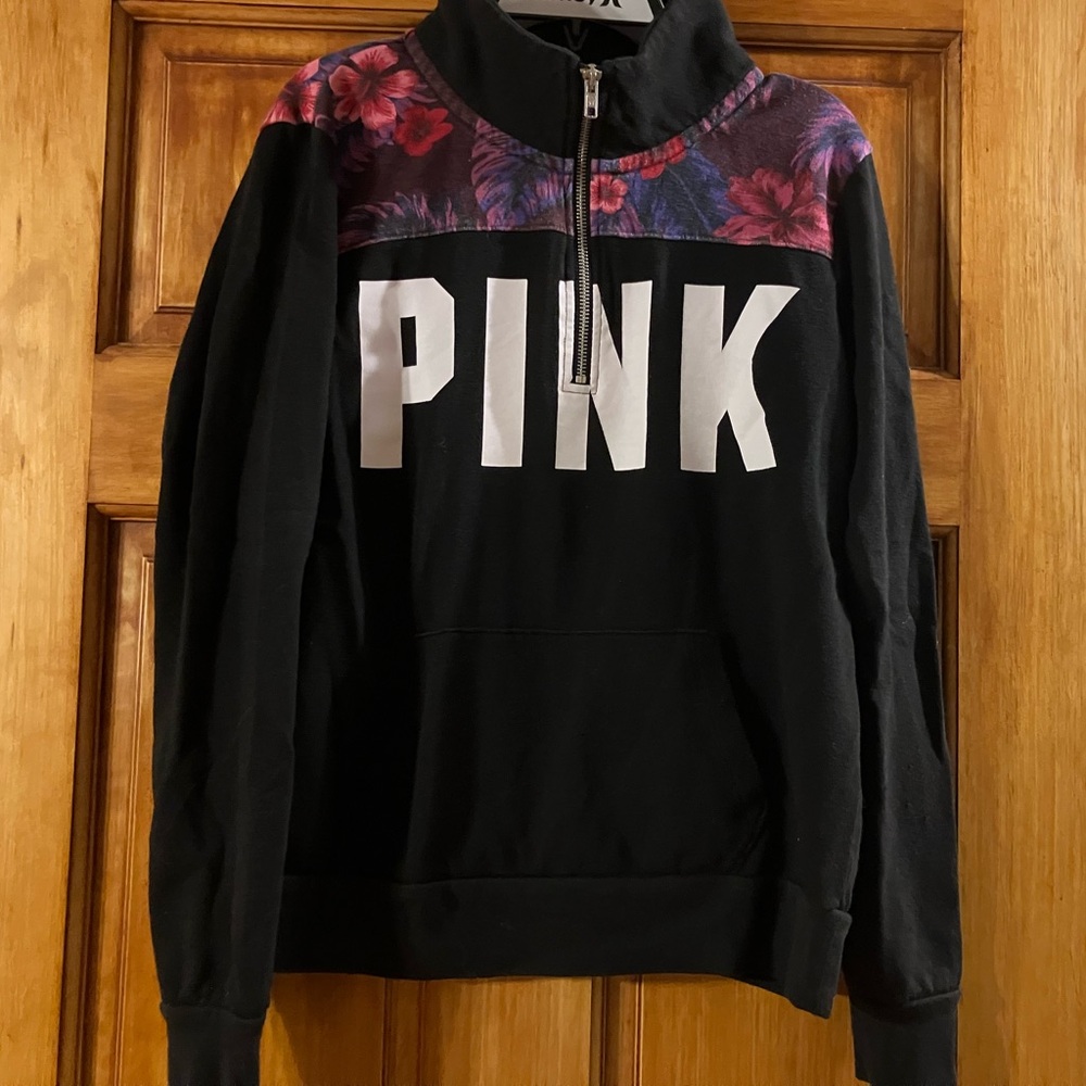 Victoria's Secret PINK Black 1/4 Zip Floral and Signature Puppy Sweatshirt